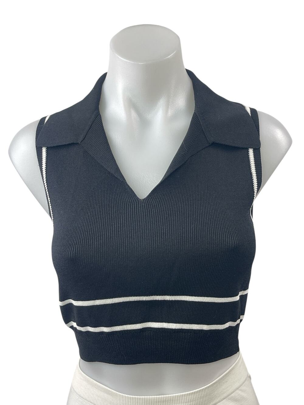 Oak + Fort Black Striped Rib Knit V Neck Collared Sleeveless Crop Tank Top Sz S